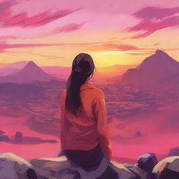 A serene scene showing the back view of a woman watching the sunset from a mountain