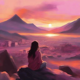 A serene scene showing the back view of a woman watching the sunset from a mountain