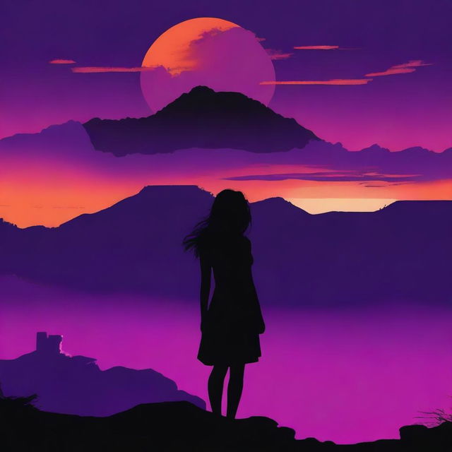 A purple and orange sunset with a black silhouetted hill