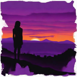 A purple and orange sunset with a black silhouetted hill