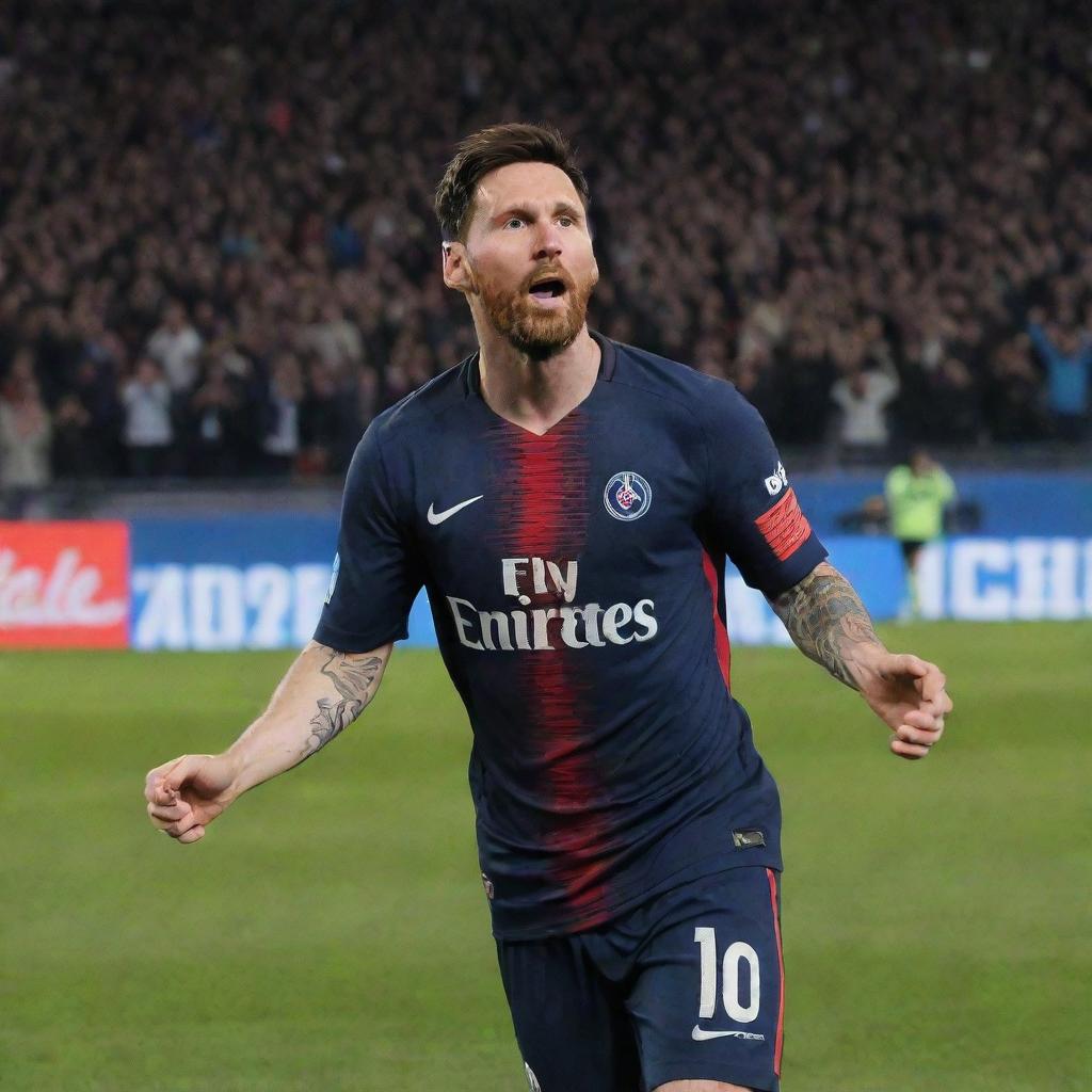 Lionel Messi, football superstar, poised in action in his Paris Saint-Germain kit, with crowd cheering in the background