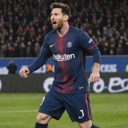 Lionel Messi, football superstar, poised in action in his Paris Saint-Germain kit, with crowd cheering in the background