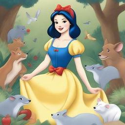 A detailed drawing of Snow White, featuring her classic outfit with a blue bodice, yellow skirt, and red bow in her hair