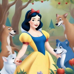 A detailed drawing of Snow White, featuring her classic outfit with a blue bodice, yellow skirt, and red bow in her hair