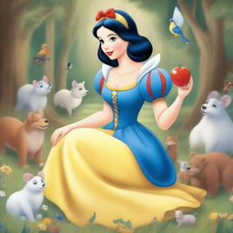 A detailed drawing of Snow White, featuring her classic outfit with a blue bodice, yellow skirt, and red bow in her hair