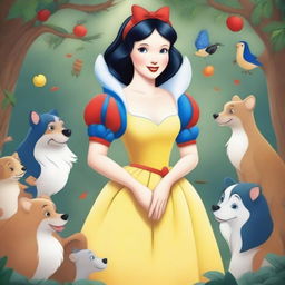 A detailed drawing of Snow White, featuring her classic outfit with a blue bodice, yellow skirt, and red bow in her hair