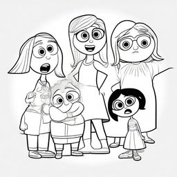 A coloring book page featuring the characters from Inside Out, including Joy, Sadness, Anger, Fear, and Disgust