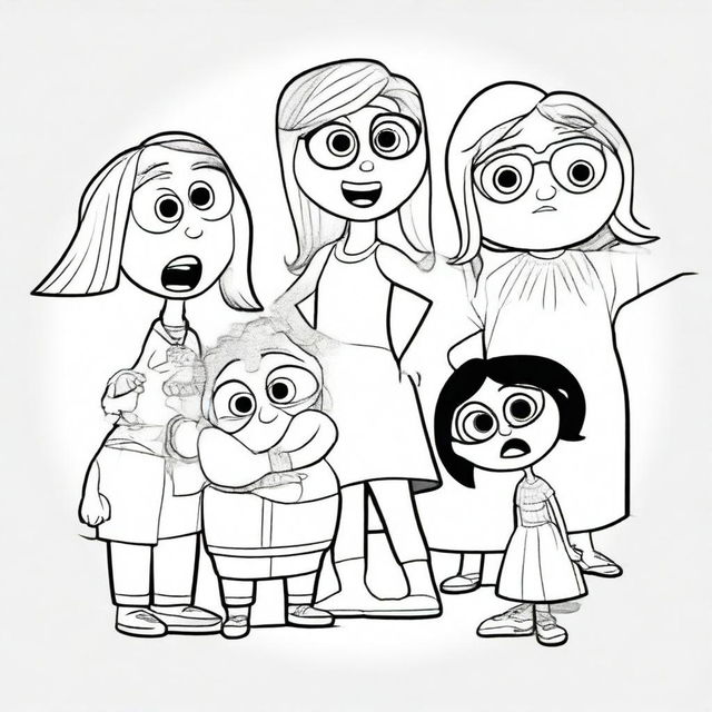 A coloring book page featuring the characters from Inside Out, including Joy, Sadness, Anger, Fear, and Disgust