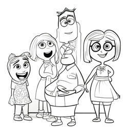 A coloring book page featuring the characters from Inside Out, including Joy, Sadness, Anger, Fear, and Disgust