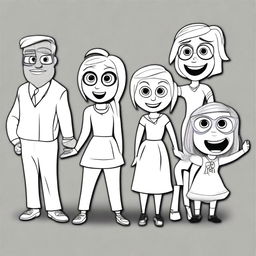 A coloring book page featuring the characters from Inside Out, including Joy, Sadness, Anger, Fear, and Disgust