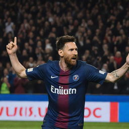 Lionel Messi, football superstar, poised in action in his Paris Saint-Germain kit, with crowd cheering in the background