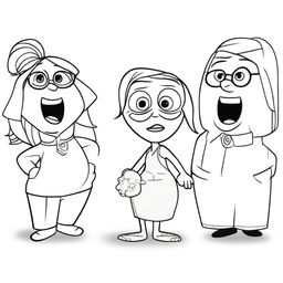 A coloring book page featuring the characters from Inside Out, including Joy, Sadness, Anger, Fear, and Disgust