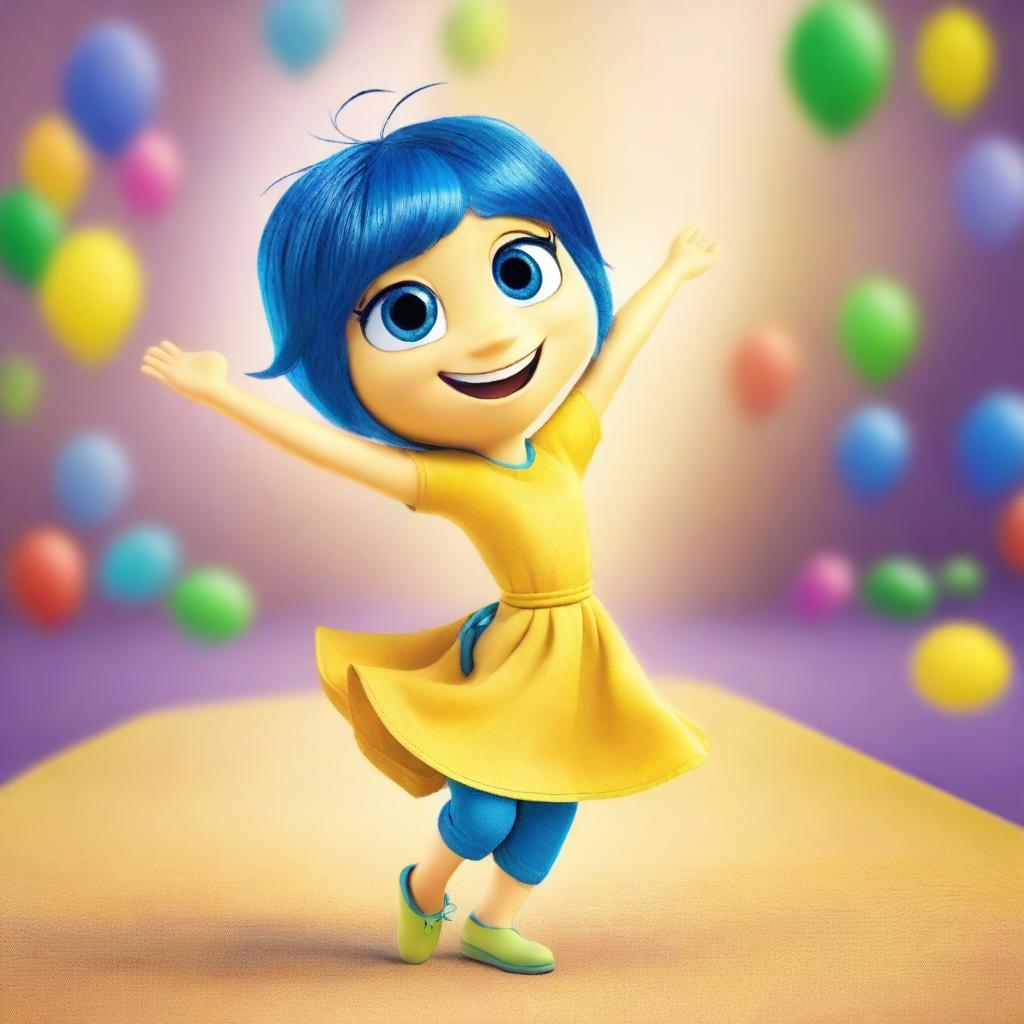 A vibrant and cheerful image of Joy from Inside Out, showcasing her bright yellow dress and blue hair