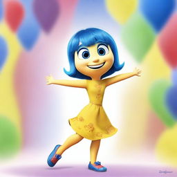 A vibrant and cheerful image of Joy from Inside Out, showcasing her bright yellow dress and blue hair