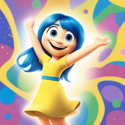 A vibrant and cheerful image of Joy from Inside Out, showcasing her bright yellow dress and blue hair