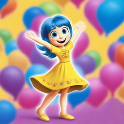 A vibrant and cheerful image of Joy from Inside Out, showcasing her bright yellow dress and blue hair