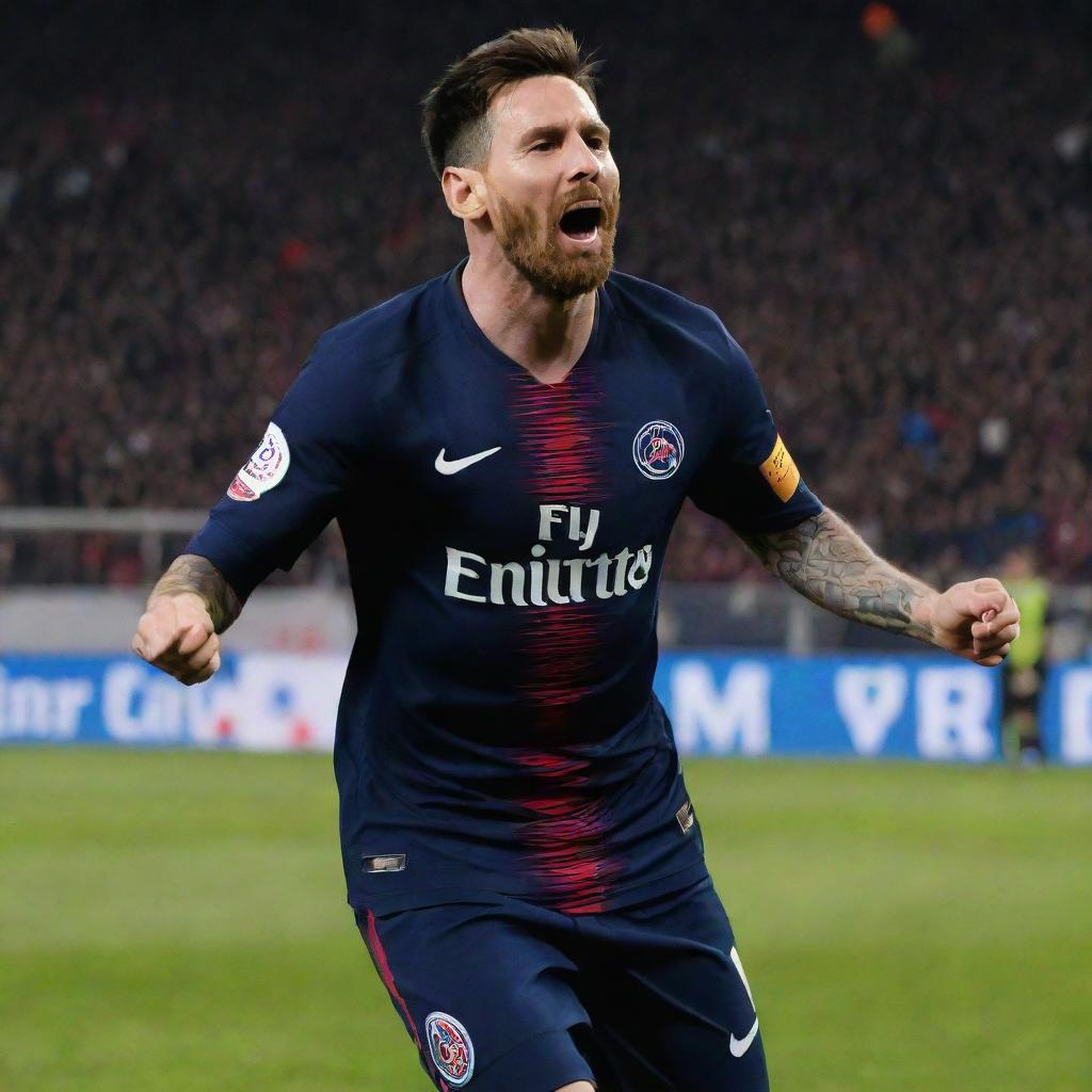 Lionel Messi, football superstar, poised in action in his Paris Saint-Germain kit, with crowd cheering in the background