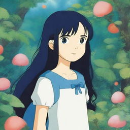 A 12-year-old girl with long black hair and blue eyes, blushing, depicted in the whimsical and enchanting style of Studio Ghibli