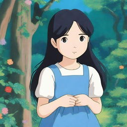 A 12-year-old girl with long black hair and blue eyes, blushing, depicted in the whimsical and enchanting style of Studio Ghibli