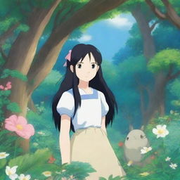 A 12-year-old girl with long black hair and blue eyes, blushing, depicted in the whimsical and enchanting style of Studio Ghibli