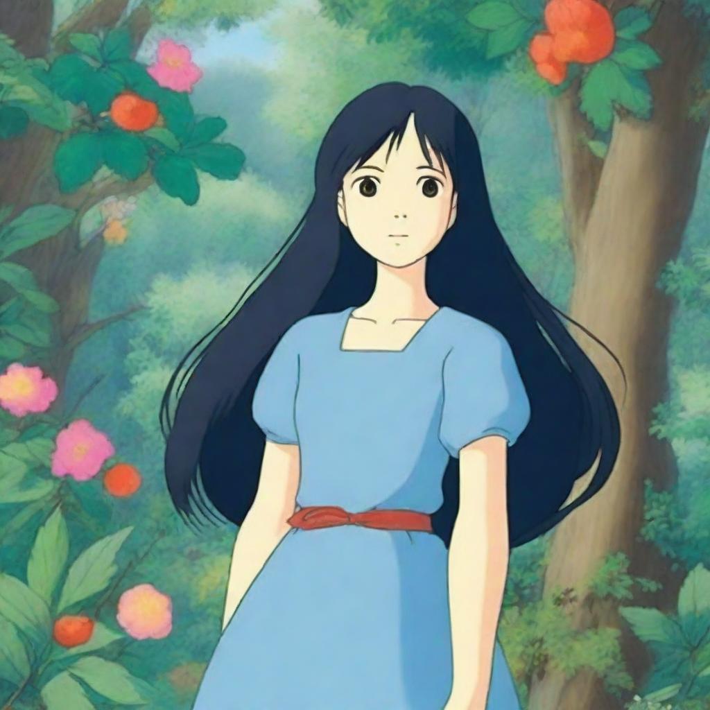 A 12-year-old girl with long black hair and blue eyes, blushing, depicted in the whimsical and enchanting style of Studio Ghibli