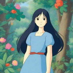 A 12-year-old girl with long black hair and blue eyes, blushing, depicted in the whimsical and enchanting style of Studio Ghibli