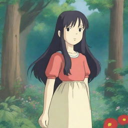 A 12-year-old girl with long black hair and blushing red cheeks, depicted in the whimsical and enchanting style of Studio Ghibli