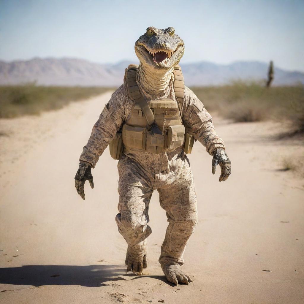 The anthropomorphic alligator, outfitted in desert camouflage tactical gear, navigating stealthily through a vast, sun-baked desert landscape.