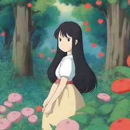 A 12-year-old girl with long black hair and blushing red cheeks, depicted in the whimsical and enchanting style of Studio Ghibli