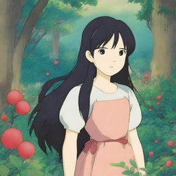 A 12-year-old girl with long black hair and blushing red cheeks, depicted in the whimsical and enchanting style of Studio Ghibli