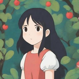 A 12-year-old girl with long black hair and blushing red cheeks, depicted in the whimsical and enchanting style of Studio Ghibli