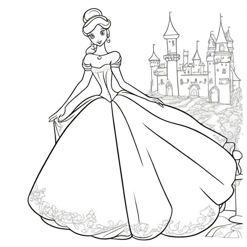 Create a coloring book page featuring Cinderella