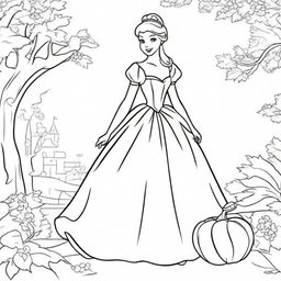 Create a coloring book page featuring Cinderella