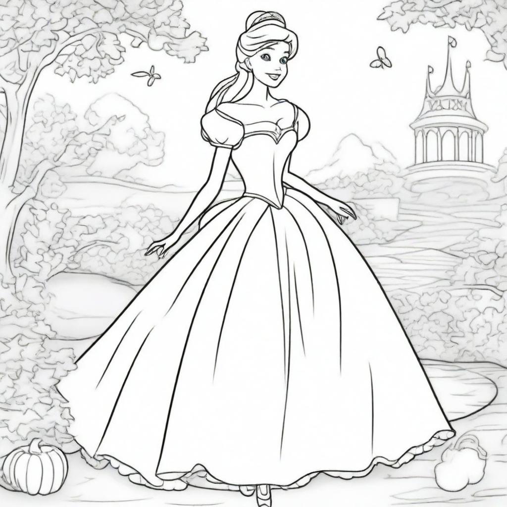 Create a coloring book page featuring Cinderella