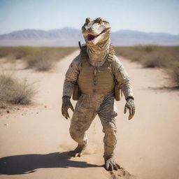 The anthropomorphic alligator, outfitted in desert camouflage tactical gear, navigating stealthily through a vast, sun-baked desert landscape.