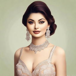 Create a detailed portrait of Urvashi Rautela, showcasing her elegance and beauty