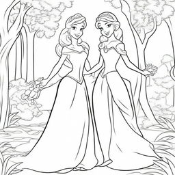 Create a coloring book page featuring Disney princesses