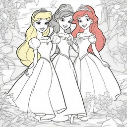 Create a coloring book page featuring Disney princesses