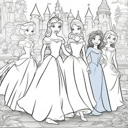 Create a coloring book page featuring Disney princesses