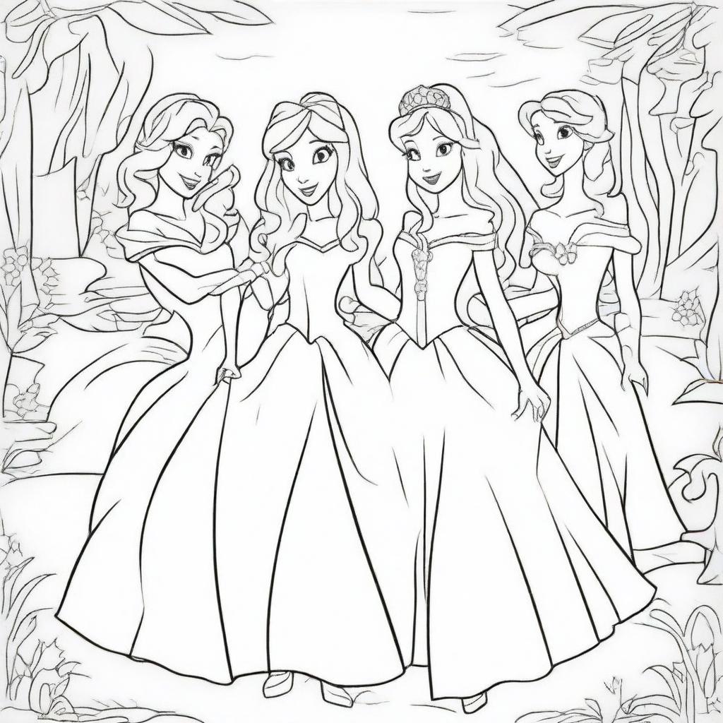 Create a coloring book page featuring Disney princesses