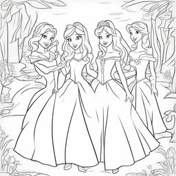 Create a coloring book page featuring Disney princesses