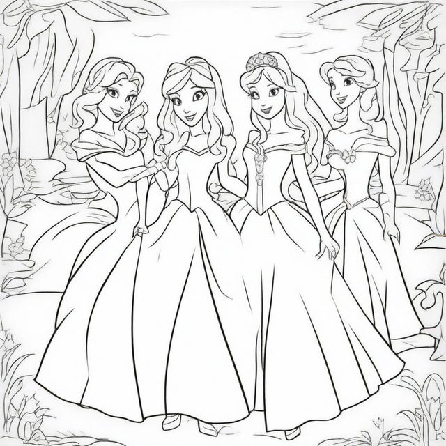 Create a coloring book page featuring Disney princesses