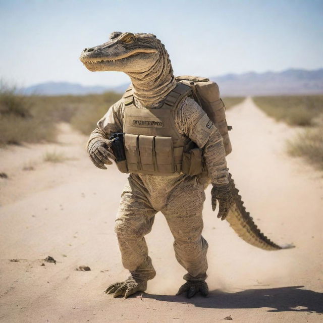 The anthropomorphic alligator, outfitted in desert camouflage tactical gear, navigating stealthily through a vast, sun-baked desert landscape.