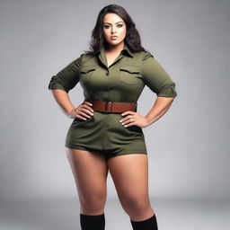 A beautiful woman with a curvy body, wearing a military dress