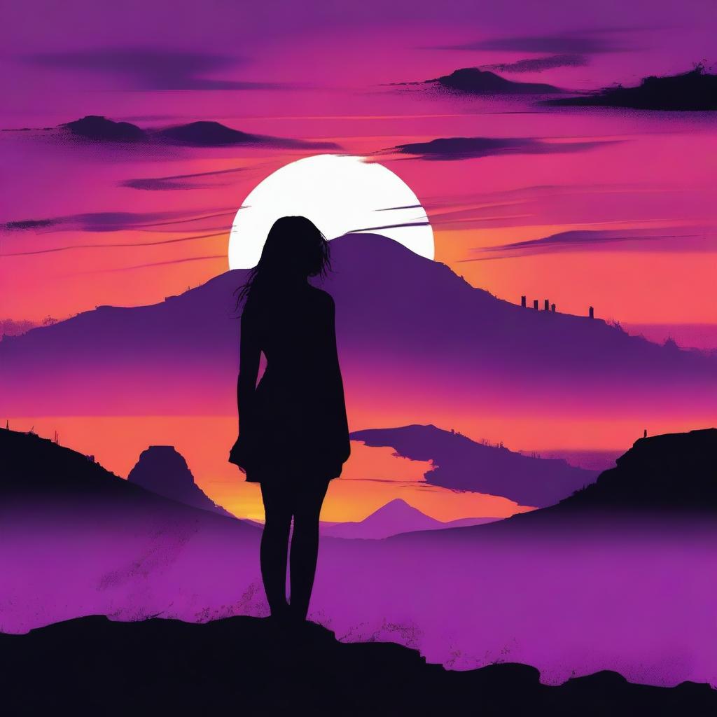 A purple and orange sunset with a black silhouetted hill