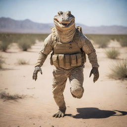 The anthropomorphic alligator, outfitted in desert camouflage tactical gear, navigating stealthily through a vast, sun-baked desert landscape.