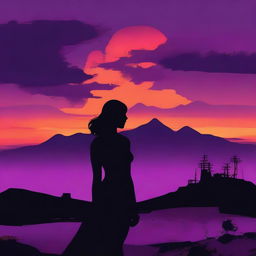 A purple and orange sunset with a black silhouetted hill