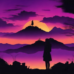 A purple and orange sunset with a black silhouetted hill