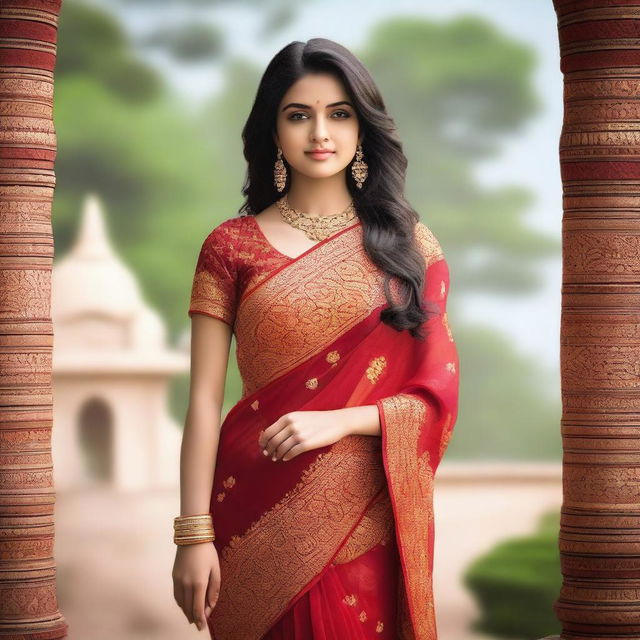 A beautiful Indian girl wearing a traditional saree, with intricate designs and vibrant colors