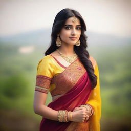 A beautiful Indian girl wearing a traditional saree, with intricate designs and vibrant colors